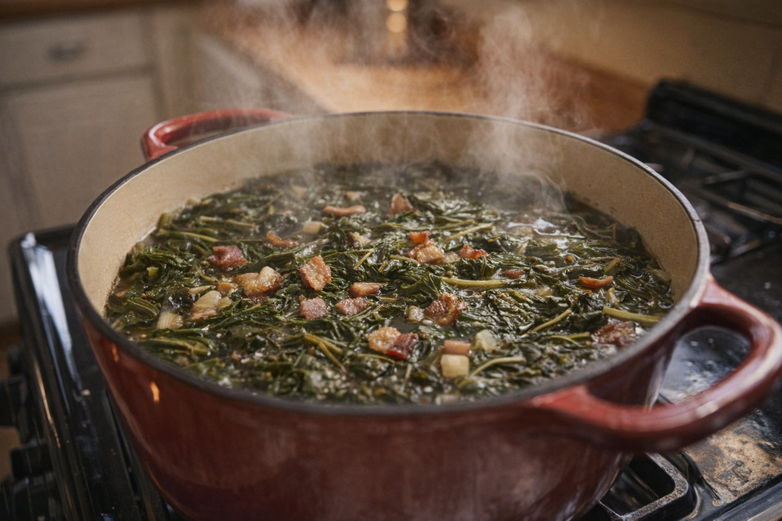 A side-angle shot of collard greens simmering in a Dutch oven on a stovetop, steam rising, visible bacon and onion pieces, warm kitchen lighting